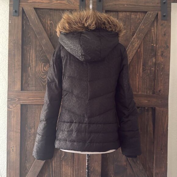 GUESS Black Animal Print Down Puffer Jacket with Faux Fur Hood - Picture 6 of 16